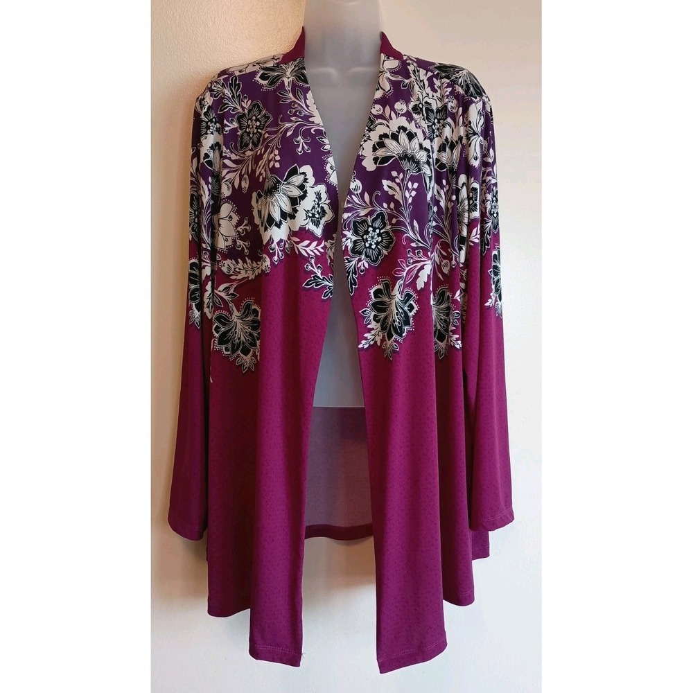 Susan Graver Cardigan 1X Magenta Purple Floral Ombre Open Front Stretch Flowy